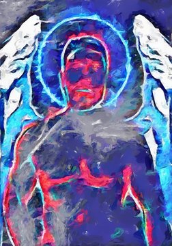 Zadkiel Arcangelo, un angelo surreale, uomo con ali bianche