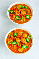 Hot Soup with Meatballs and vegetables in a Bowl on the Table. Winter Food, Albondigas Soup, Spanish and Mexican Food.