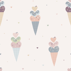 Vector seamless pattern with little heart shaped cherries. Creative scandinavian childish background for Valentine's Day. Cute sweet backdrop for wrapping paper, textile, fabric, card making.