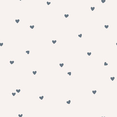 Vektornahtloses Muster mit kleinen Herzen. Kreativer skandinavischer kindlicher Hintergrund zum Valentinstag. Neutrale herzhafte Kulisse für Geschenkpapier, Textilien, Stoff, Kartenherstellung.