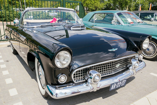 DEN BOSCH, THE NETHERLANDS - MAY 10, 2015: Black 1956 Ford Thunderbird classic cabriolet car.