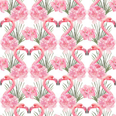 Tropical Valentines day Seamless Pattern with Pink Flamingo, Heart symbol, Peony Flowers and Palm Leaves Print. Romantic Wedding background