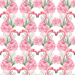 Tropical Valentines day Seamless Pattern with Pink Flamingo, Heart symbol, Peony Flowers and Palm Leaves Print. Romantic Wedding background