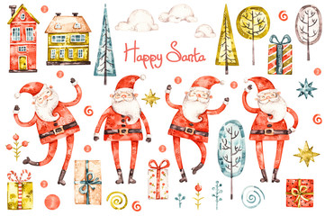 Fototapeta premium Merry christmas and happy new year watercolor selection. Nursery aqarelle santa claus, childish fir tree, stars, naive gift boxes and balls, cartoon elements isolated on white background