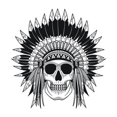 Black and white human head with Native American Headdress