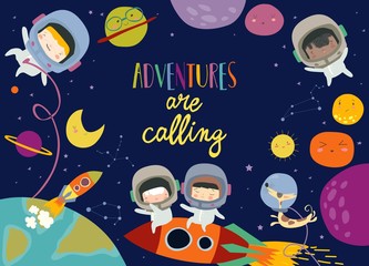 Cute frame composed of girls ans boys astronauts riding a rocket