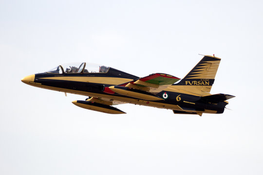 MARRAKECH, MOROCCO - APR 28, 2016: UAE Aerobatic Team Al Fursan (Fursan Al Emarat) performing at the Marrakech Air Show.