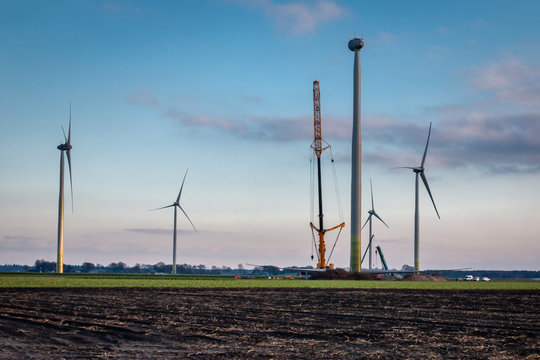 Building and construction of wind mills in the Netherlands province Overijssel near Dedemsvaart