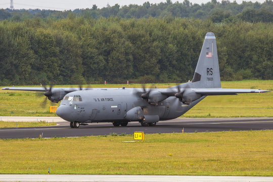 EINDHOVEN, THE NETHERLANDS - SEP 17, 2016: Ramstein based USAF Lockheed C-130 Hercules military transport plane taking off from Eindhoven Airport.