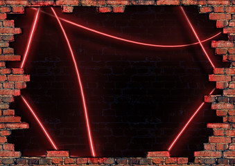 Brick wall frame with red neon for design