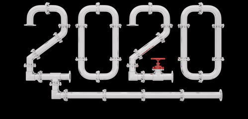 New Year 2020 made of chrome pipes surrounded by a frame isolated on a black background. 3D render.