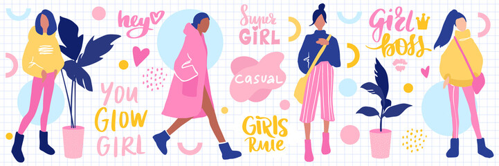Set with Stylish girls and hand lettering. Bright Stickers collection.