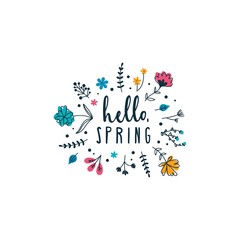 Hello spring inspirational card with lettering vector illustration. Colorful typography print design with greeting phrase decorated cute springtime flowers isolated on white background