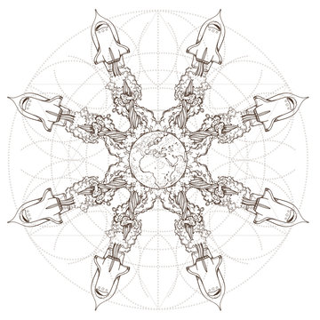The symbolic star consisting of shuttles. Picture for coloring on the space theme.