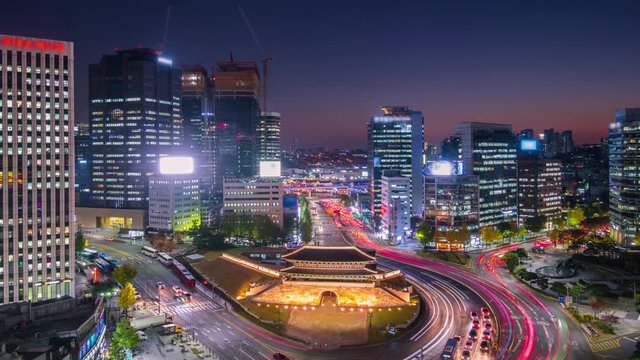 traffic in the city at night of seoul city south korea