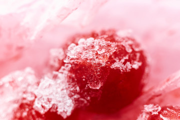  Frozen red currants close-up. Blurred. Macro photo.