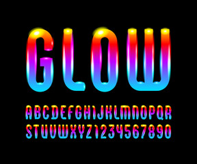 Glowed font, trendy bright alphabet, modern vibrant letters and numbers, vector illustration 10EPS