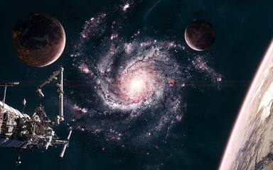 Beautiful cosmic landscape. Planets, space station on background of red galaxy somewhere in deep space. Science fiction. Elements of this image furnished by NASA