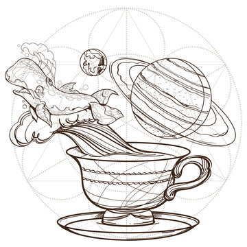 Motivating illustration with the phrase. Outline sketch for the painting with a mug of coffee, whale and planets. Picture for design of posters, T-shirts and a variety of gifts.
