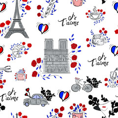 France, paris, eiffel tower, fashion, travel , love vector seamless patten on white background 