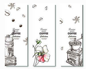 Fototapeta na wymiar Coffee illustration. Hand drawn vector banner. Coffee beans, flower, machine
