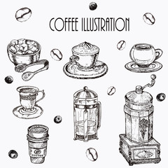 Hand drawn vector illustration set with coffee beans, cup, machine, branch, lemon, cinnamon.