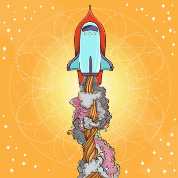 Conceptual illustration on the theme of space travel. Flying in the space shuttle. Design for t-shirts, gifts, promotional leaflets and feature articles about space.