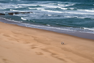 Silhouettes of people walking along Monte Clerigo beach - Praia de Monte Clerigo- on windy and sunny day with waves rolling in Portugal