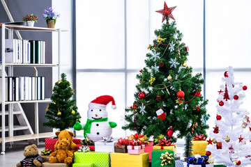 Christmas tree with red gifts in the white room background Decoration During Christmas and New Year.