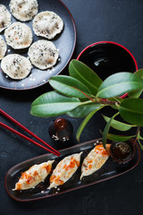Fried potstickers and steamed panasian dumplings over black stone background with ficus tree, high angle view, vertical shot