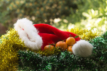 Santa hat and tangerines on Christmas tinsel