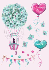 Watercolor illustration - mint hydrangea balloon, heart shaped balloons and flags