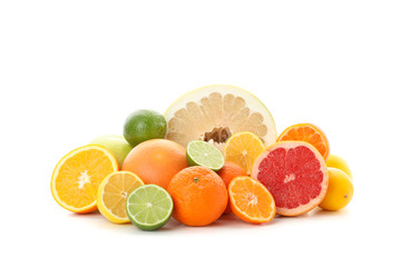 Bunch of juicy citrus fruits isolated on white background