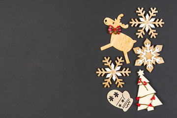 Top view of festive composition made of New Year decorations on colorful background. Merry Christmas concept with empty space for your design