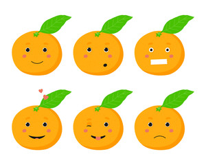 Set of isolated tangerine in cartoon style