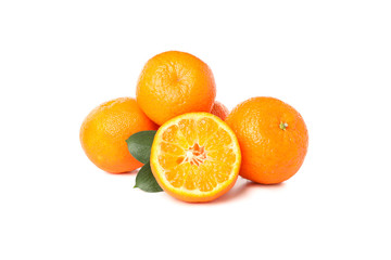 Group of mandarins with leaves isolated on white background