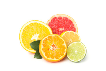 Naklejka na ściany i meble Group of juicy citrus fruits isolated on white background