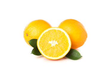 Fresh oranges isolated on white background, close up