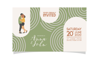 Wedding invitation with couple flat vector charachter. modern design flat vector for marriage. graphic illustration. married concept. Groom and bride card template.