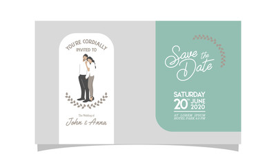 Fototapeta na wymiar Wedding invitation with couple flat vector charachter. modern design flat vector for marriage. graphic illustration. married concept. Groom and bride card template.