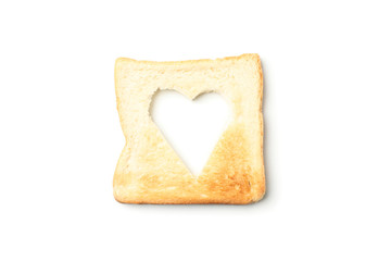 Toast bread with shape of heart isolated on white background
