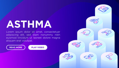 Asthma web page template with thin line isometric icons: allergen, dyspnea, cough, wheezing, chest pain, diaphragm, asthma attack, sputum, peak flow meter, inhaler, nebulizer. Vector illustration. - obrazy, fototapety, plakaty