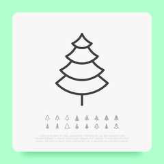 Christmas tree in different shapes. Minimalistic simple thin line icons. Vector illustration for greeting card, Christmas and New Year decoration.