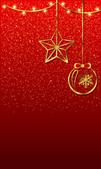 Vector christmas illustration. Gold Christmas ball and star with a garland of light bulbs on a red background with sparkles