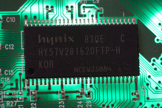SARANSK, RUSSIA - DECEMBER 11, 2019: A Hynix logo seen on memory chip.