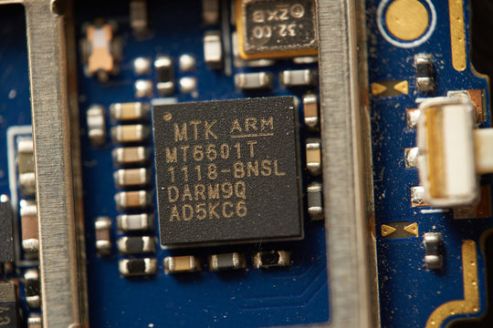 SARANSK, RUSSIA - DECEMBER 11, 2019: MTK ARM MT6601T chip on circuit board.