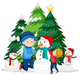 Christmas theme with kids and snowman