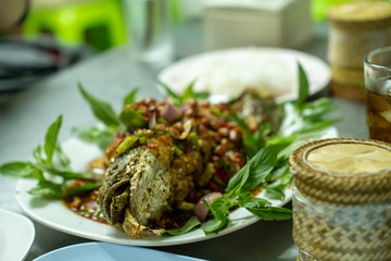 Herbal snakehead fish salad served with sticky rice