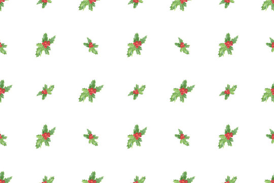 Traditional winter holidays plant repeat pattern on the white background, holly leaves and berries