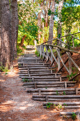 Endless curved wooden logs steps with crossed logs railings in the forest of Numana surroundings in Italy